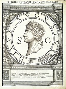 Oktawian Cezar, ilustracja z "Imperatorum romanorum omnium orientalium et occidentalium verissimae imagines ex antiquis numismatis", drzeworyt Rudolpha Wyssenbacha, wydrukowany przez Andreasa Gesnera, Z