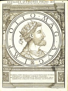 Otho I Magnus, ilustracja z „Cesarzy rzymskich całego Wschodu i Zachodu”, drzeworyt Rudolpha Wyssenbacha, druk Andreas Gesner, Zuric autorstwa Hans Rudolf Manuel Deutsch