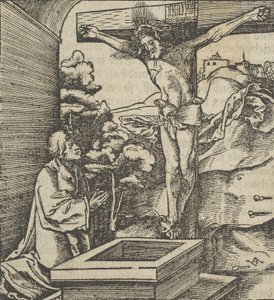 Człowiek modlący się przed krucyfiksem, z Hymmelwagen auff dem, wer wol Leben..., 1517. autorstwa Hans Schäufelein the Elder