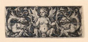 Fryz ze skrzydlatą kobiecą postacią i dwoma groteskowymi kogutami autorstwa Hans Sebald Beham