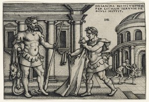 Lichas przynoszący Herkulesowi szatę Nessusa, lata 40-te XV w. (rycina na papierze czerpanym) autorstwa Hans Sebald Beham