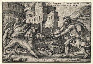 Prace Herkulesa: Herkules wyciągający Cerberusa z zaświatów autorstwa Hans Sebald Beham