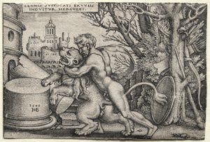 Prace Herkulesa: Herkules dusi lwa nemejskiego autorstwa Hans Sebald Beham