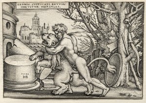 Prace Herkulesa: Herkules dusi lwa nemejskiego, 1548. autorstwa Hans Sebald Beham