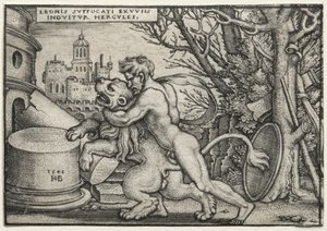 Prace Herkulesa: Herkules dusi lwa nemejskiego, 1548. autorstwa Hans Sebald Beham