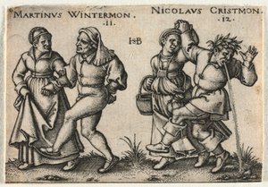 Wesele chłopskie lub dwanaście miesięcy: 11-Martinus Wintermon 12-Nicolaus Cristmon autorstwa Hans Sebald Beham