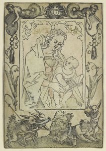 Matka Boska z Dzieciątkiem otoczona bordiurą z myśliwym i królikami (drzeworyt, przerobiony akwarelą, wydrukowany na pergaminie) autorstwa Hans Sebald Beham