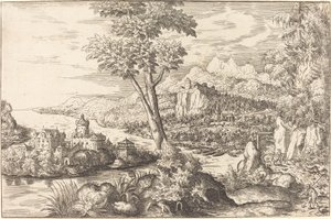 Pejzaż z trzema mężczyznami, c. 15581559. autorstwa Hans Sebald Lautensack