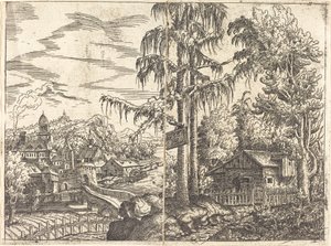Krajobraz z widokiem na chałupę i miasteczko nad rzeką, 1551.