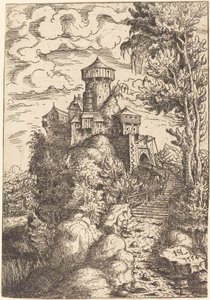 Krajobraz z twierdzą i dużymi schodami, 1554. autorstwa Hans Sebald Lautensack