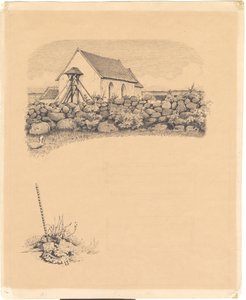 Ilustracja do św. św. Trybuny: „kosi”. F.o.: kościół za kamieniami; n.: miejsce grobowe (?) z łopatą autorstwa Hans Smidth