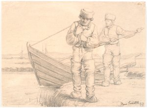 Dwóch rybaków z Limfjord ciągnie łódkę autorstwa Hans Smidth
