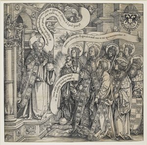 Maksymilian ofiarowany przez swoich świętych patronów Wszechmogącemu, 1519