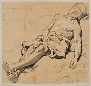 Półnagi pasterz ze skórzaną przepaską, śpiący na łące autorstwa Hans Thoma