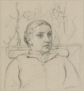 Portret żony artysty w popiersiu, siedzącej na ławce na tle zieleni autorstwa Hans Thoma