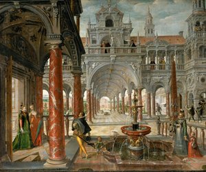 Pałac z wybitnymi gośćmi - Pałac z wybitnymi gośćmi - Hans Vredeman de Vries (Jan de Vriese lub Friedman z Fryzji) (1526-1606). olej na płótnie, ok. 1596. Rozmiar: 137x164 cm. Muzeum Historii Sztuki, Wiedeń