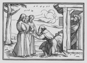 Abraham przyjmuje trzech aniołów, Księga Rodzaju XVIII, 2 autorstwa Hans after Holbein the Younger