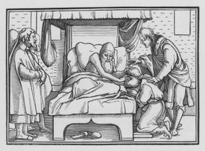 Jakub błogosławi Józefa i jego dwóch synów, Księga Rodzaju XLVIII, 14 autorstwa Hans after Holbein the Younger