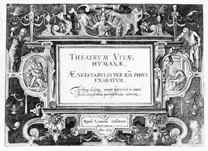 Strona tytułowa „Theatrum Vitae Humanae”, rytowana przez Johannesa Wierixa (1549-c.1618) ponownie wydrukowana w 1638 r.