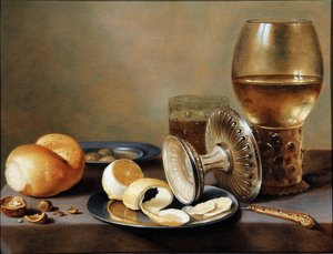 Monochromatyczny Banketje z dwoma naczyniami z cyny, przewróconą srebrną tazzą, pozłacanym nożem, szklanką z piwem, rummerem z winem, bułką, orzechami, oliwkami i połówką obranej cytryny autorstwa Hans van Sant