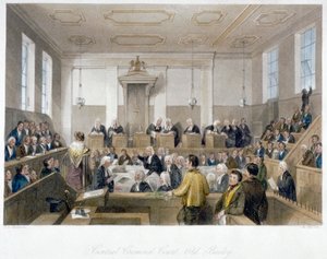 Wewnątrz Centralnego Trybunału Karnego, Old Bailey, z rozprawą sądową, City of London, 1840