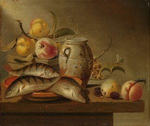 Martwa natura z ceramicznym słoikiem, rybą i owocami autorstwa Harmen Steenwijck