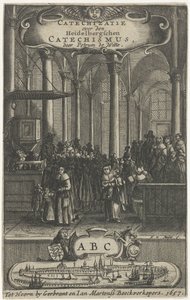 Wnętrze kościoła Strona tytułowa dla: P. de Witte, Katechizacja o katechizmie Heidelbergschen, 1657 autorstwa Harmen de Mayer