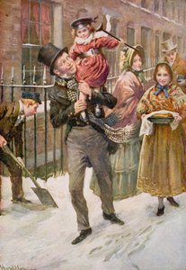 Bob Cratchit i Tiny Tim, ilustracja do „Character Sketches from Dickens” opracowanej przez B.W. Matz autorstwa Harold Copping