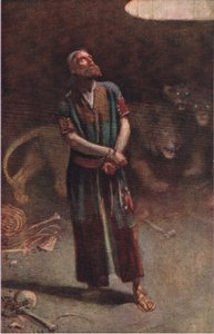 Daniel w jaskini lwów, ilustracja z serialu „Obrazki, które uczą korony”, 1920 autorstwa Harold Copping
