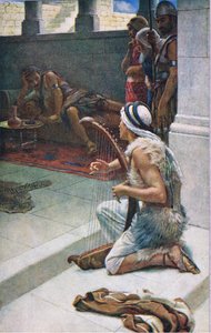 Dawid grający przed Saulem, ilustracja z serialu "Obrazki, które uczą koronę", 1920 autorstwa Harold Copping