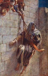 Nowy Testament: Ucieczka świętego Pawła z Damaszku (kolorowa litografia) autorstwa Harold Copping