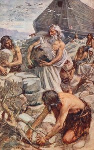 Stary Testament: Noe budujący swój ołtarz (kolorowa litografia) autorstwa Harold Copping