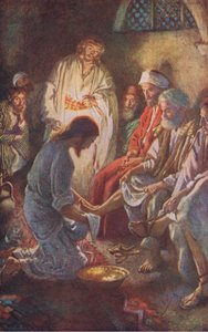 Mycie nóg uczniom, ilustracja z Harold Copping Pictures: The Crown Series, ok. 1920 r. autorstwa Harold Copping