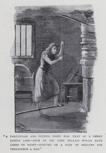 „Szczególnym i żałosnym widokiem był widok słodkiej dziewczynki, takiej jak Sir John Millais, którą chciałby namalować, tańczącej na miechach za trzy pensy dziennie” (zdjęcie czarno-białe) autorstwa Harold Hume Piffard