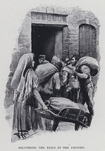 Dostawa gwoździ w fabryce (zdjęcie czarno-białe) autorstwa Harold Hume Piffard