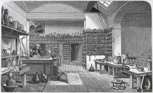 Michael Faraday (1791-1867) w swoim laboratorium w piwnicy, z książki Henry