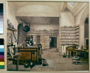 Michael Faraday przy pracy w swoim laboratorium w Royal Institute