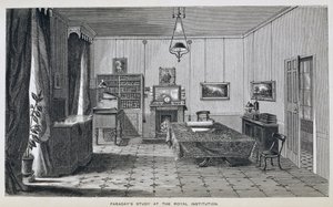 Studium Michaela Faradaya na drugim piętrze The Royal Institution, z książki „Życie i listy Faradaya” Henry