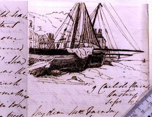 RI MS F1 I160 Winieta łodzi rybackich w Hastings, szkic w liście do Michaela Faradaya (1791-1867), 23 września 1853 (pióro i atrament na papierze)