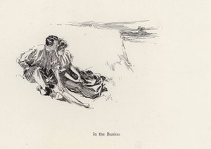 Para w romantycznym uścisku w bunkrze na polu golfowym (litho) autorstwa Harrison Fisher