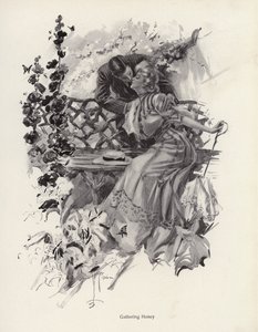 Mężczyzna całujący kobietę w ogrodzie (lito) autorstwa Harrison Fisher