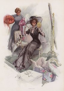 Młoda Amerykanka przymierzająca kapelusze u francuskich modystek (kolor litho) autorstwa Harrison Fisher
