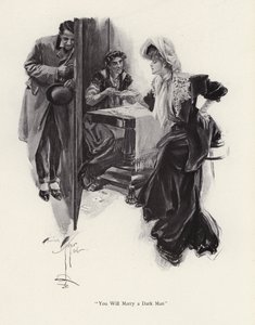 Młoda kobieta, której przyszłość opowiada Cyganka (lito) autorstwa Harrison Fisher