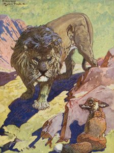 Bajki Ezopa: Lis i lew (kolorowa litografia) autorstwa Harry (1878 1950) Rountree
