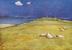 Pola golfowe: Gullane, szósty green i siódmy tee (kolorowa litografia)
