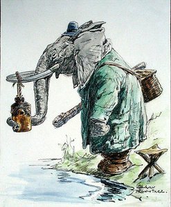 Słoń idzie na ryby (pióro, atrament, akwarela i węgiel na papierze) autorstwa Harry Rountree