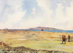 Pola golfowe: Dollymount, pierwszy tee, patrząc w kierunku Howth (kolorowa litografia)