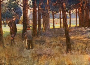 Pola golfowe: Mildenhall, wynik złego uderzenia na szóstym polu (kolorowa litografia)