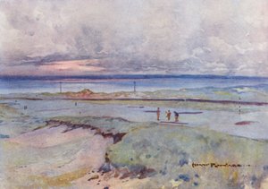 Pola golfowe: Muirfield, czwarty i czternasty green (kolorowa litografia)