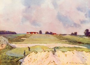 Pola golfowe: Sandy Lodge, pierwszy green, patrząc w kierunku domu klubowego (kolorowa litografia)